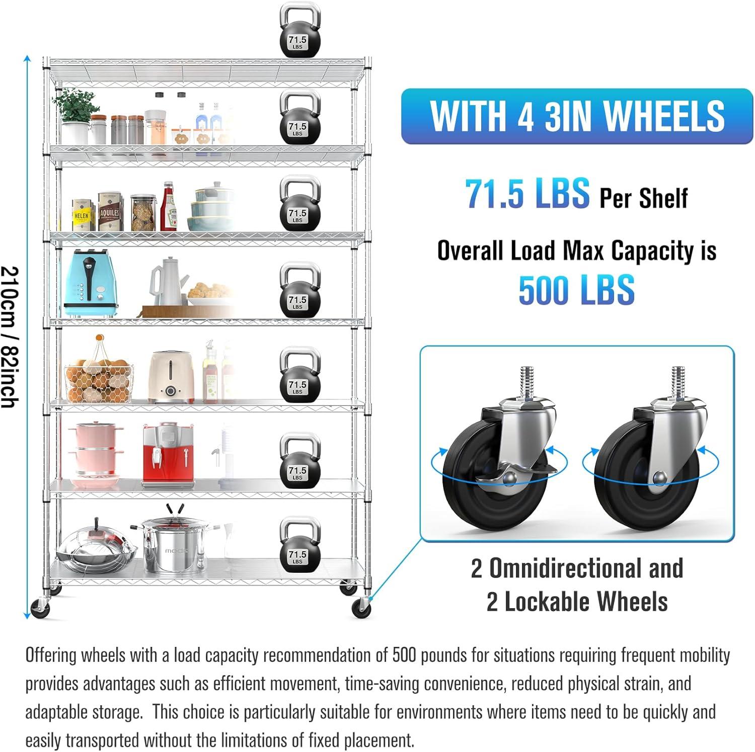 Chrome NSF 7 Tier Metal Shelf Wire Shelving Unit, 2450lbs Heavy Duty Adjustable Storage Rack with Wheels & Shelf Liners for Closet Kitchen Garage Basement Commercial Shelving - 82" H x 48" L x 18" D