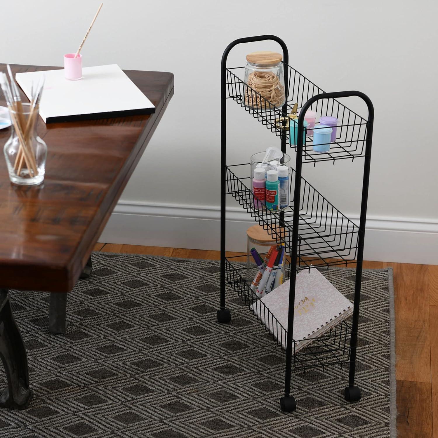 Slim Black Steel 3-Shelf Rolling Laundry Cart