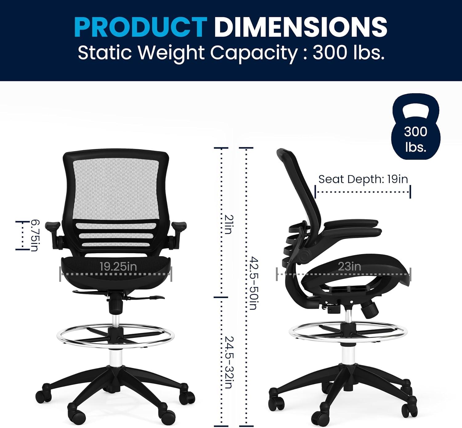 Flash Furniture Mid-Back Transparent Mesh Drafting Chair with Flip-Up Arms