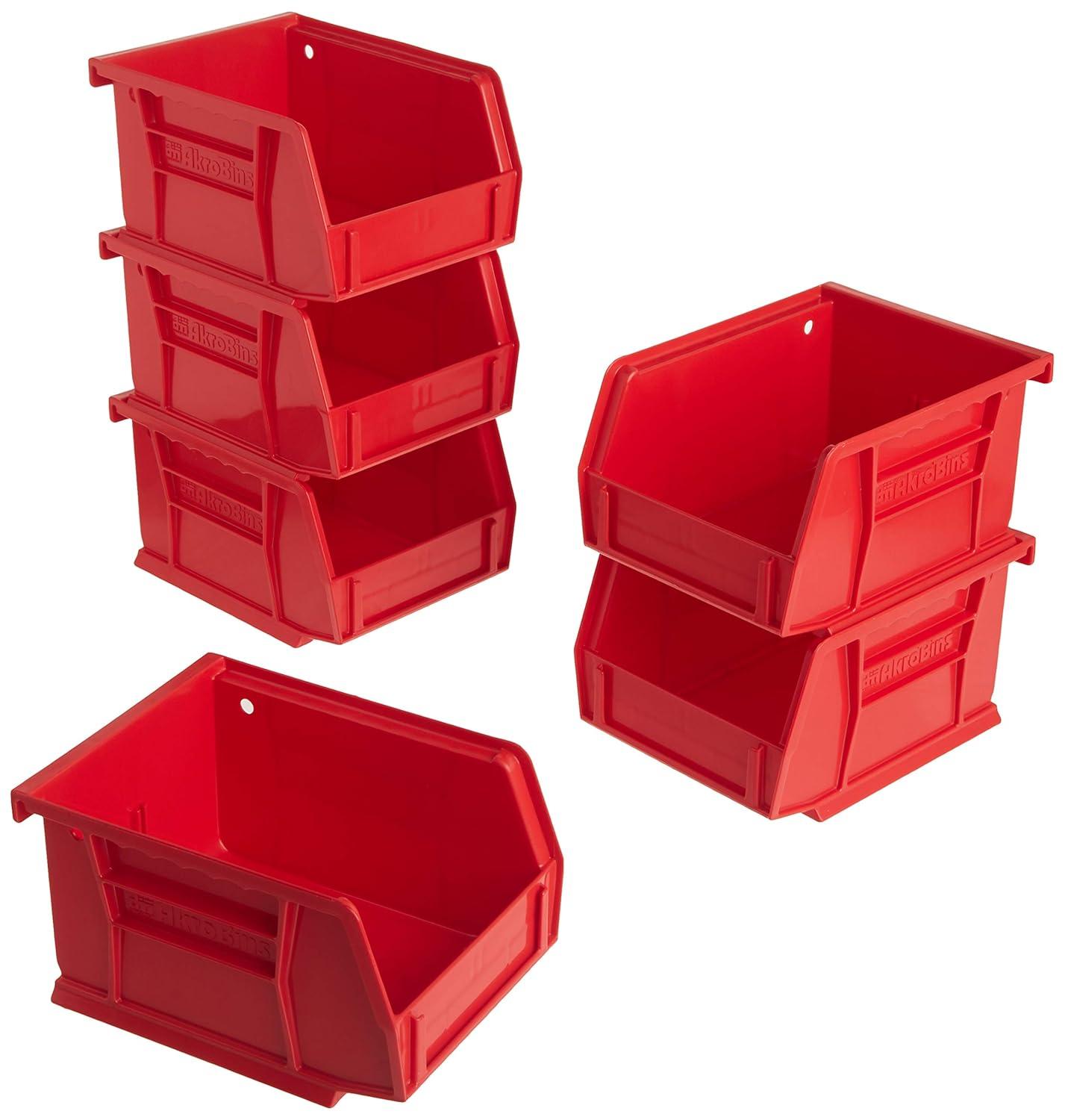 Akro-Mils Stackable Storage Bins, AkroBins 30210 Stacking Organizer, 5"x4"x3", Red, 6-Pack