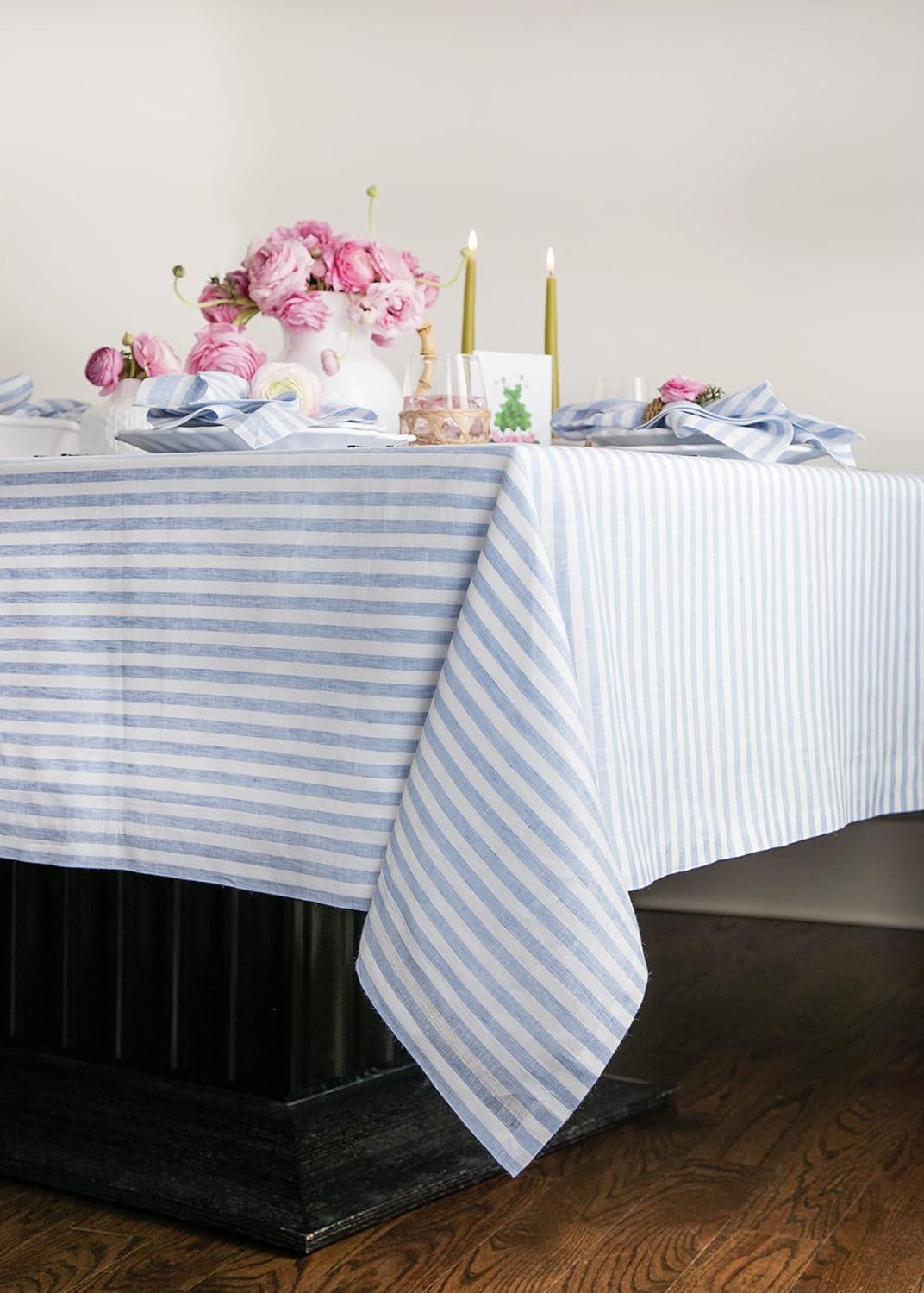 Sky Blue and White Striped Linen Rectangular Tablecloth