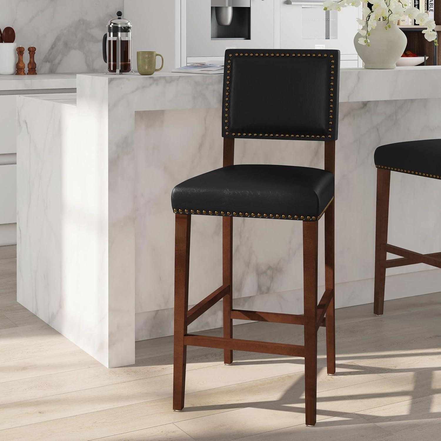29" Brook Padded Back and Seat Faux Leather Barstool Hardwood/Black - Linon