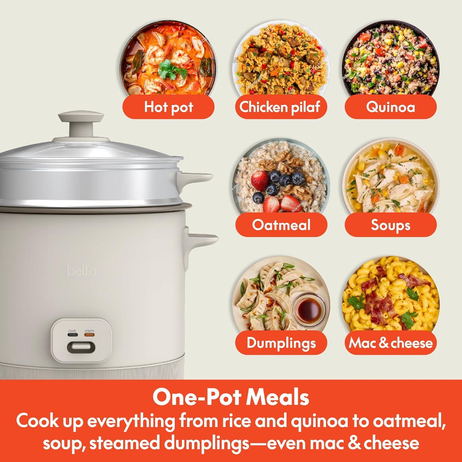 bella 16 Cup Rice Cooker with Steamer Oatmilk: Nonstick Coating, Automatic Keep Warm, Tempered Glass Lid, 2 Settings
