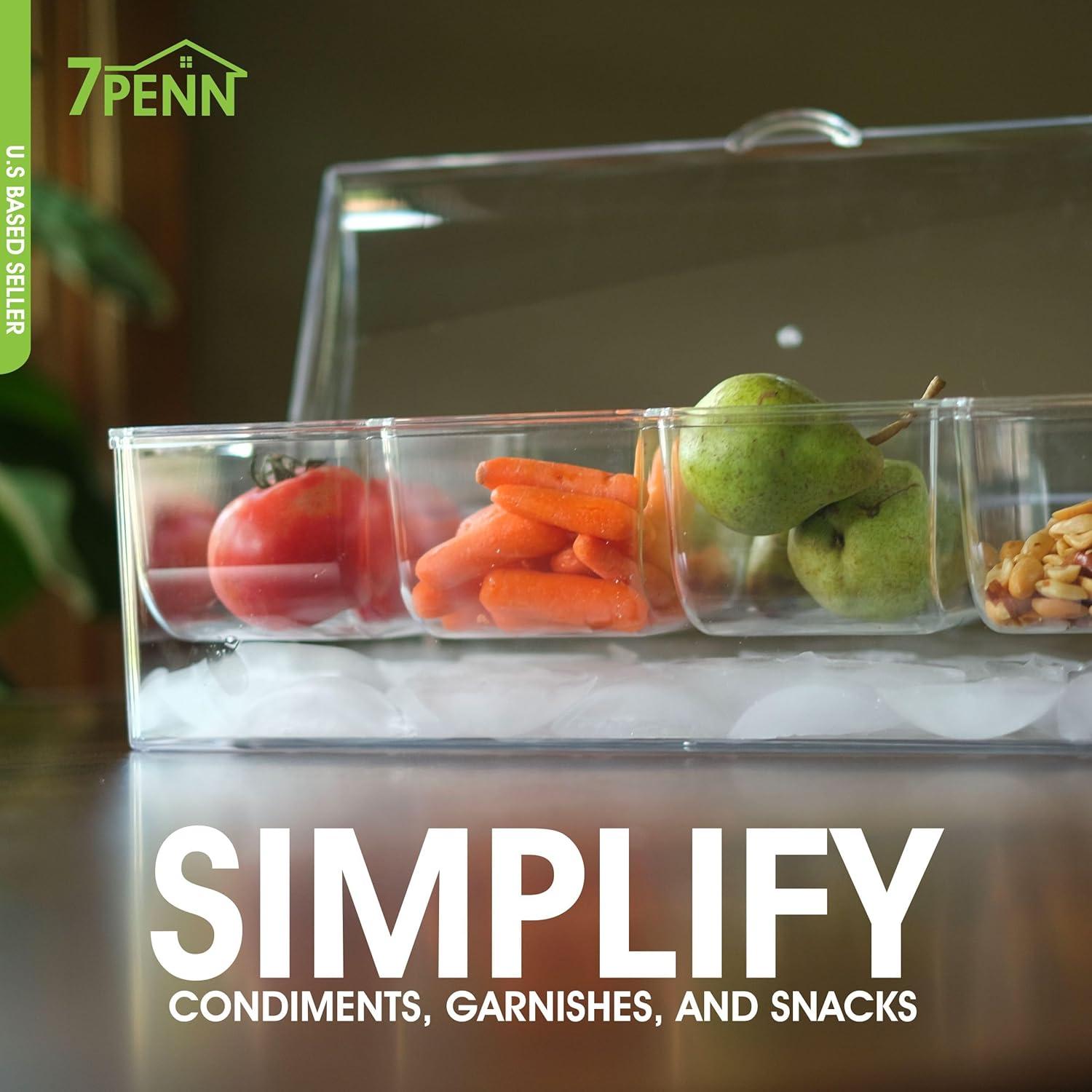 7Penn | Condiment Tray with Ice Chamber Lid Tongs Spoons 5 Condiment Containers