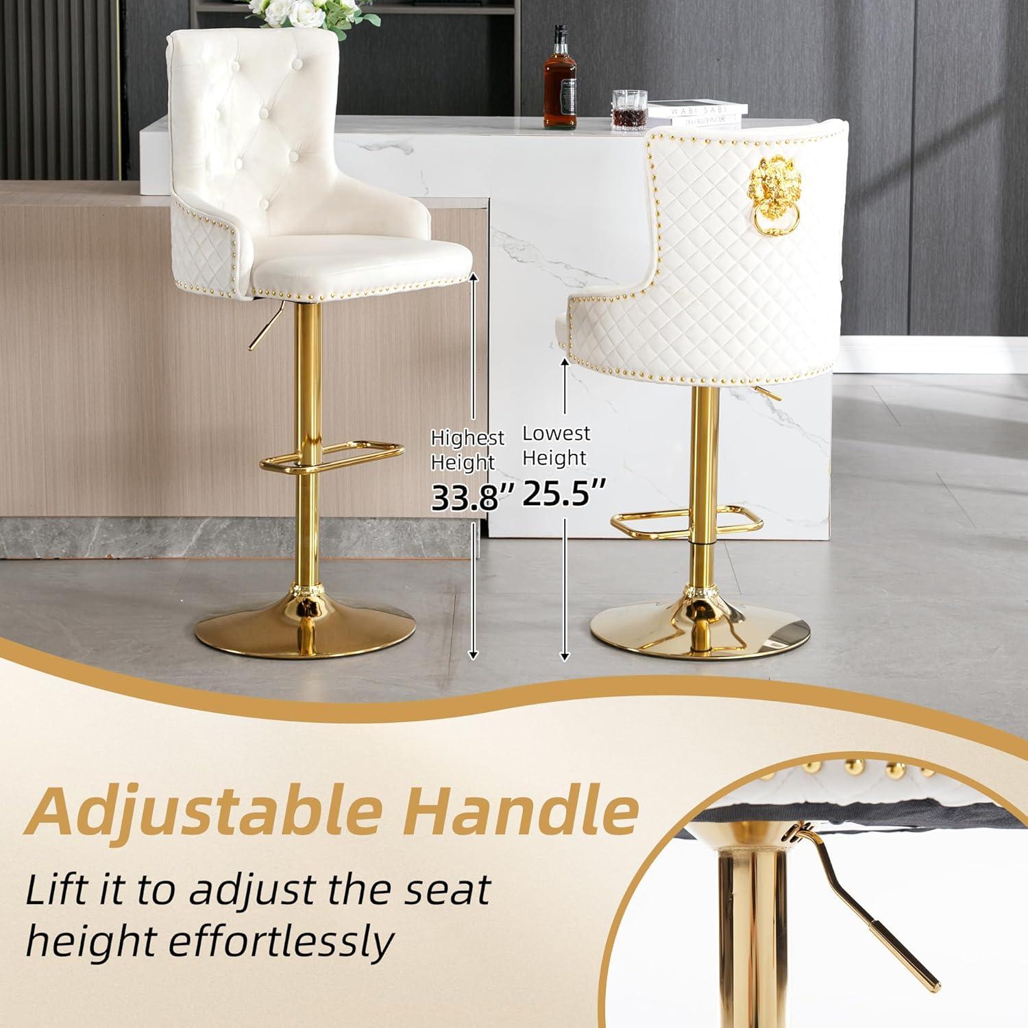 Bar Stools Set of 2, Swivel Barstools with Nailheads Trim, Velvet Button Tufted Back and Golden Footrest, Adjustable Counter Height Bar Stools for Kitchen Counter,Home Bar,Pub, Beige