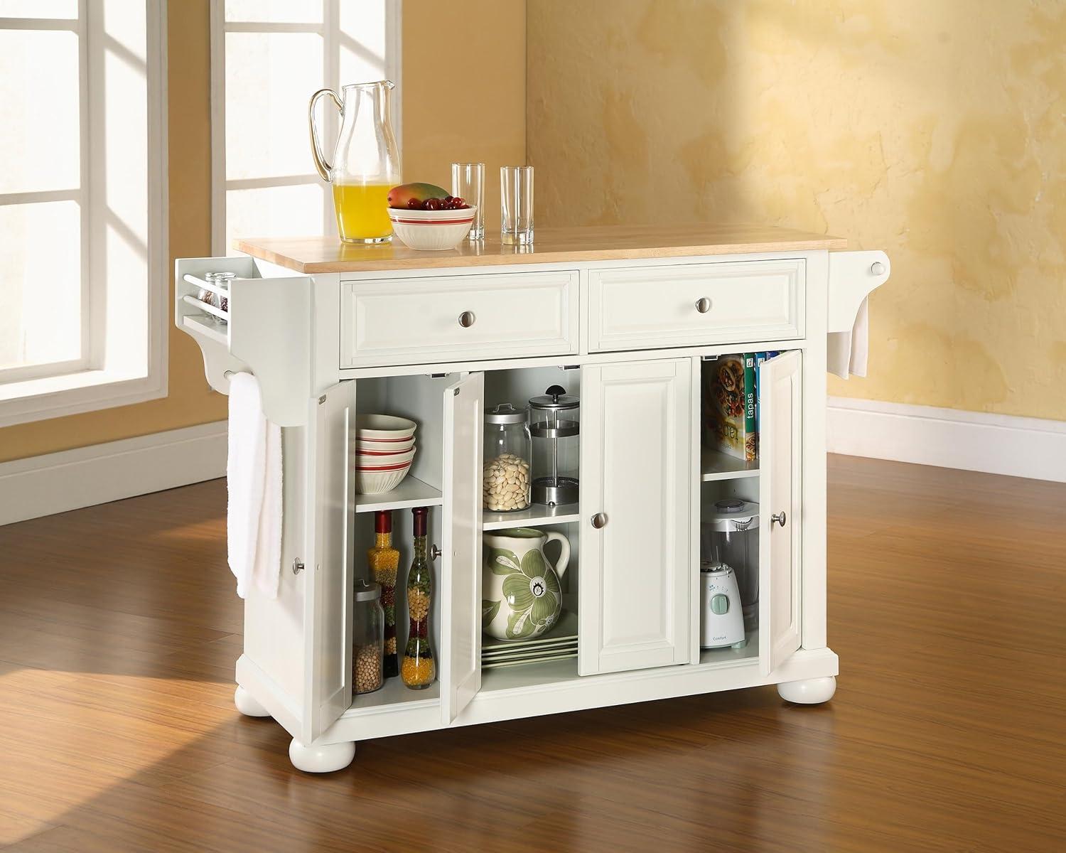Alexandria Wood Top Full Size Kitchen Island/Cart White/Natural - Crosley: Adjustable Shelves, Towel Bar, Traditional Style