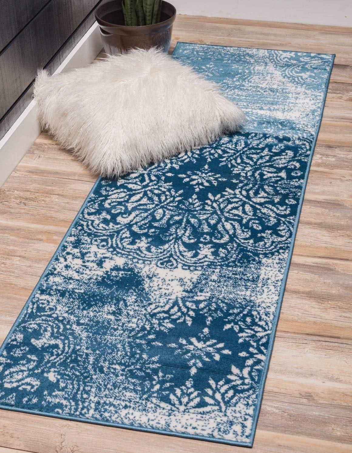 Blue Floral Synthetic Easy Care Runner Rug