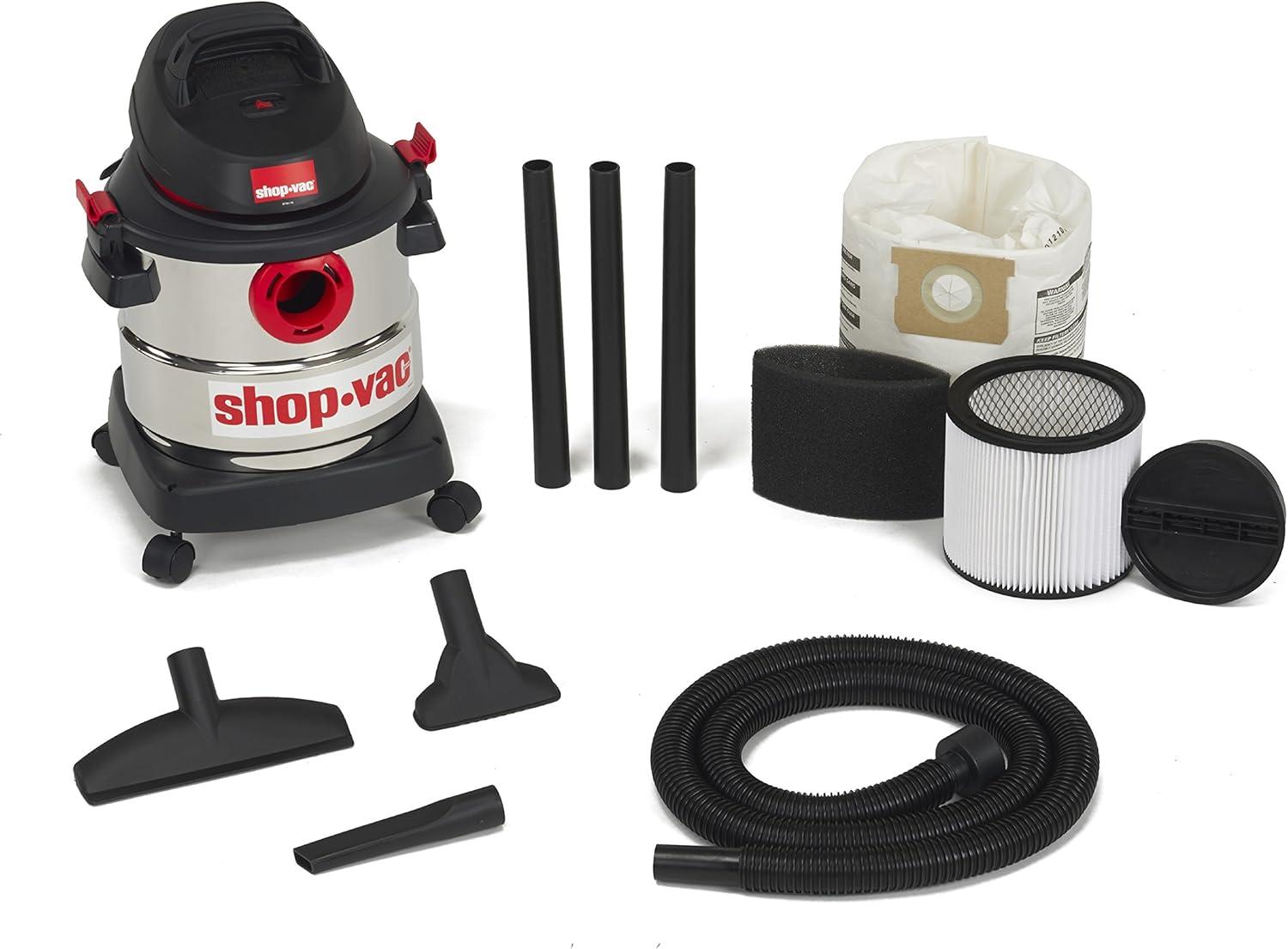 Shop-Vac 5989305 Wet/Dry Vacuum, 5 Gallon, 4.5 Peak HP Stainless Steel Vacuum, 1.25 Inch Diameter x 7 Foot Hose, 6 Ft Cord Length, Ideal for Jobsite, Garage, Car & Workshop
