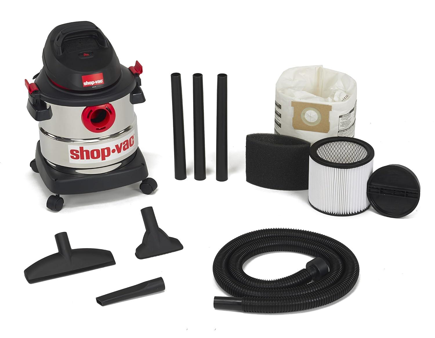 Shop-Vac 5989305 Wet/Dry Vacuum, 5 Gallon, 4.5 Peak HP Stainless Steel Vacuum, 1.25 Inch Diameter x 7 Foot Hose, 6 Ft Cord Length, Ideal for Jobsite, Garage, Car & Workshop