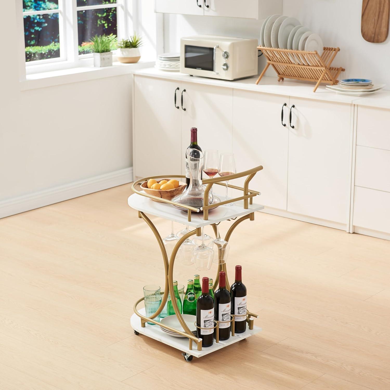 Gold and White Metal Kitchen Cart with Wine Rack and Storage