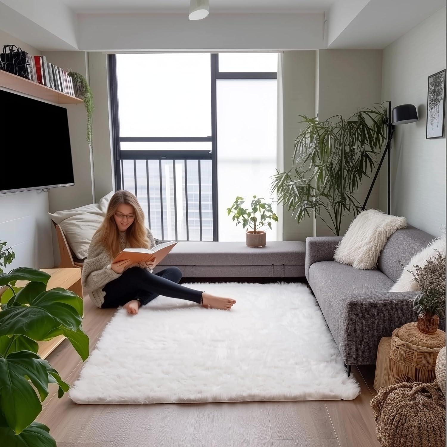 Diller White Faux Sheepskin Fur Machine Washable Shag Fluffy Area Rug