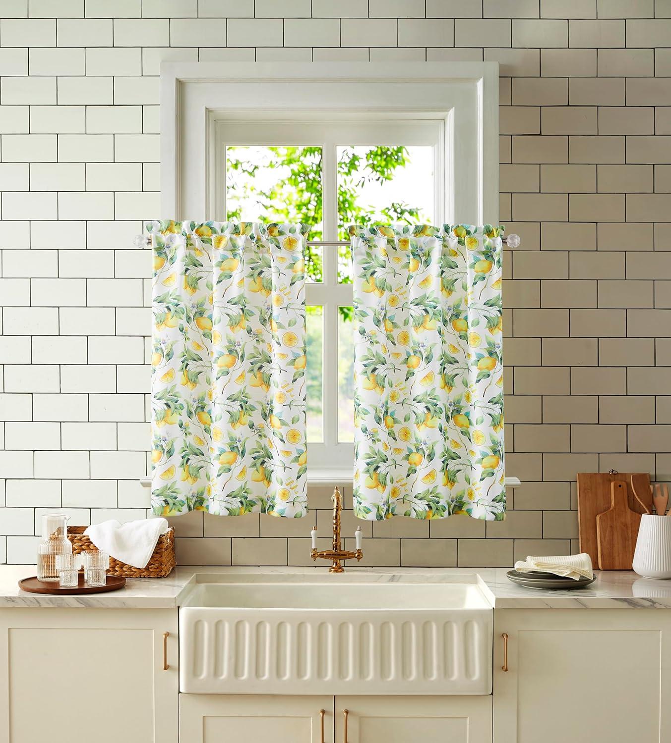 RT Designer's Collection Tribeca Lemons Printed 3 Pieces Kitchen Curtain Set Includes 1 Valance 52" x 18" and 2 Tiers 26" x 36" Each Multi Color