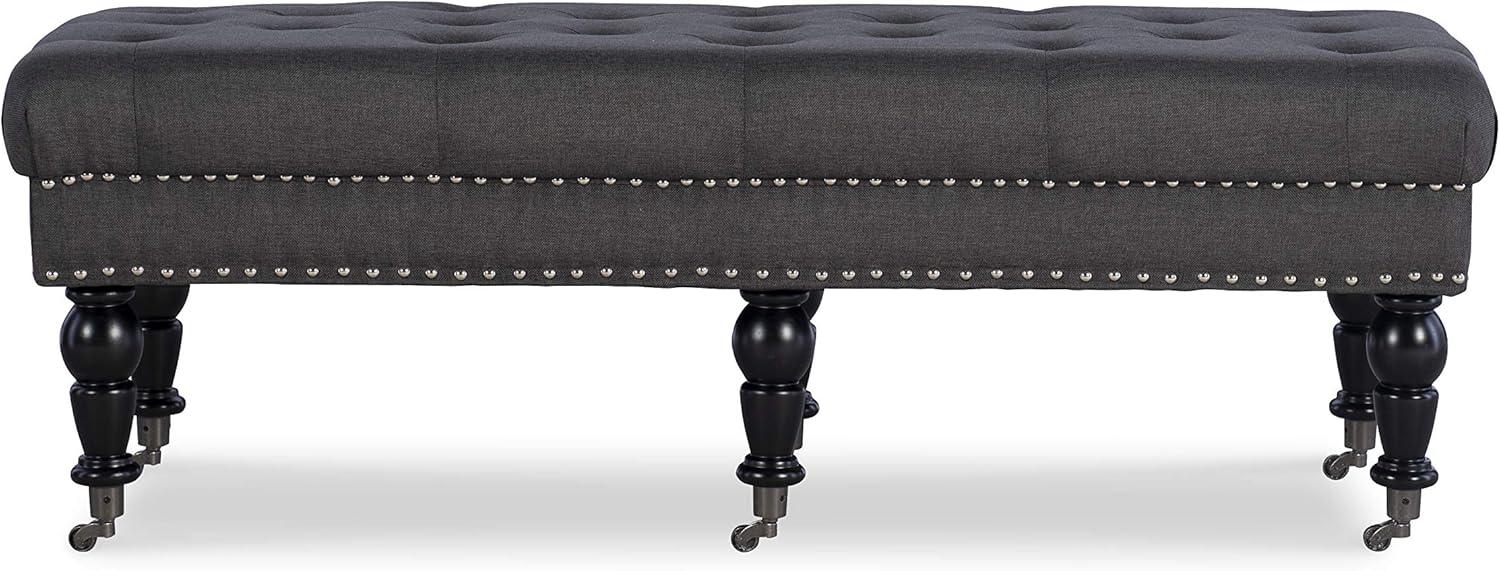 Isabelle 62" Charcoal Linen Upholstered Bench with Silver Nailheads