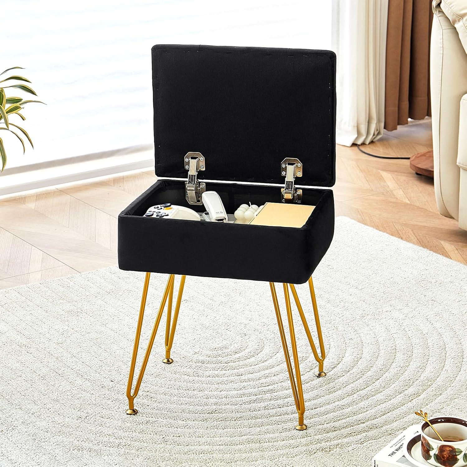Vanity Stool Chair with Storage, Square Velvet Makeup Vanity Chair with Metal Legs & Adjustable Gold Feet, Flip Top Ottoman Foot Rest with Soft Padded Seat for Bedroom Living Room, Black