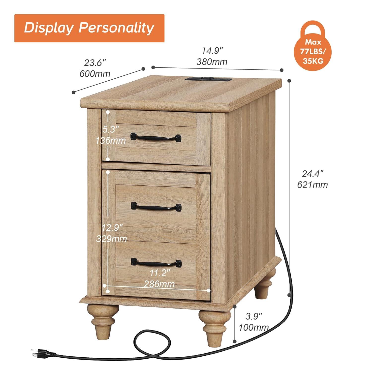 WAMPAT Farmhouse End Table with Charging Station, Light Wood Sofa Side Table with Storage Cabinet, Narrow Night Stand Bedside Table with Drawer for Living Room, Bedroom, Oak