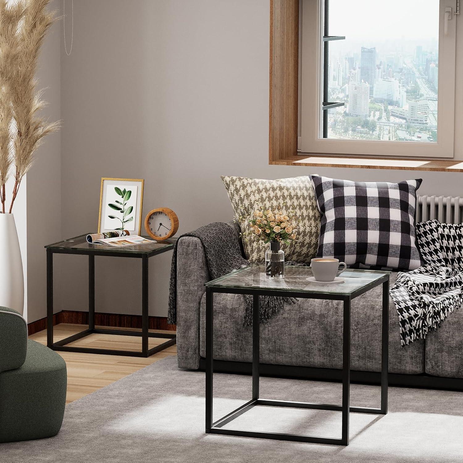 VILAWLENCE Coffee Table Set of 2, Modern Black Patterned Glass Side Table, Metal Frame Square End Table, Center Tables Nesting Coffee Table for Living Room,Bedroom and Small Spaces