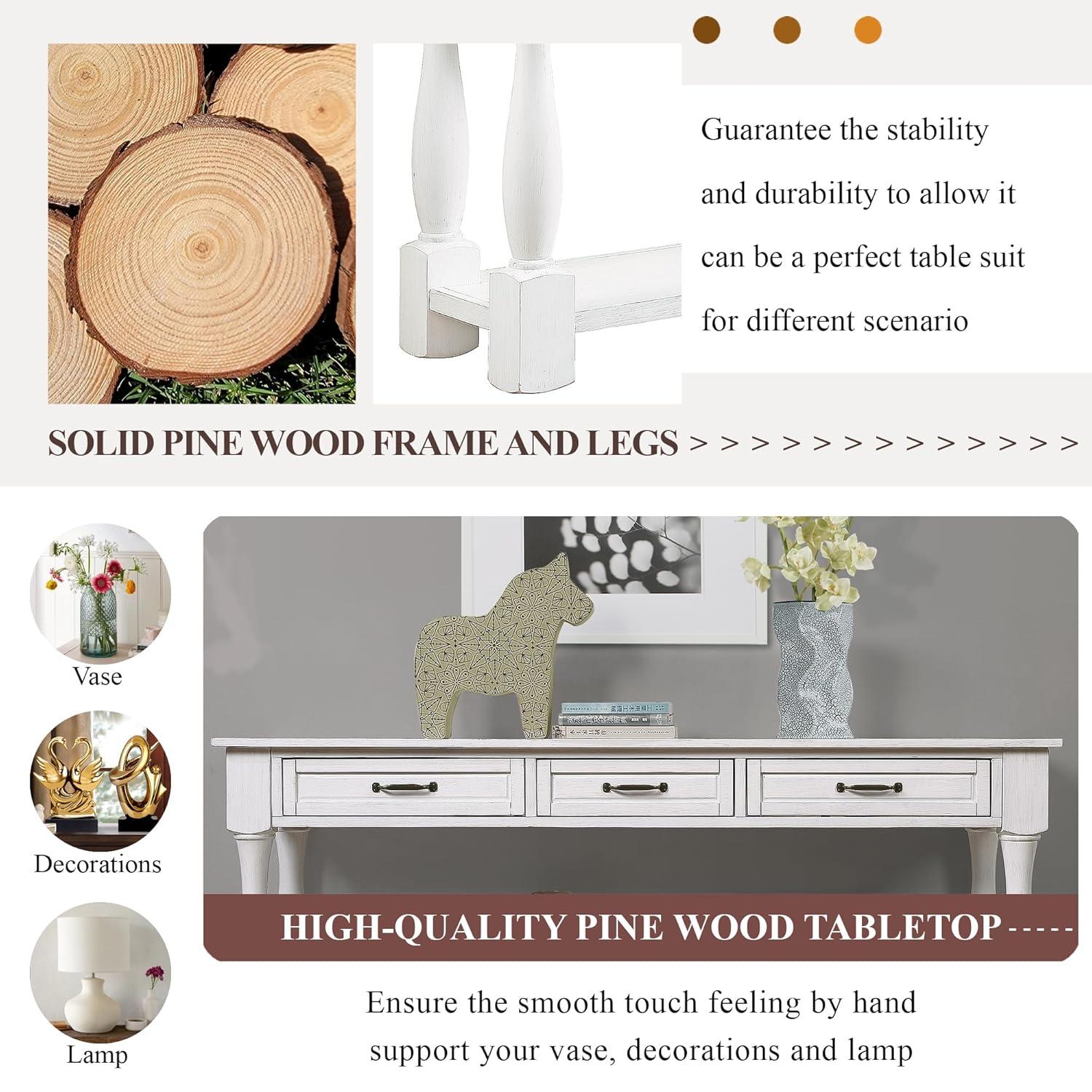 Merax Solid Wood Sofa Table with 3 Storage Drawers, 63 Inch Long Wood Console Table with Bottom Shelf, Retro Entryway Table for Living Room Hallway, Antique White