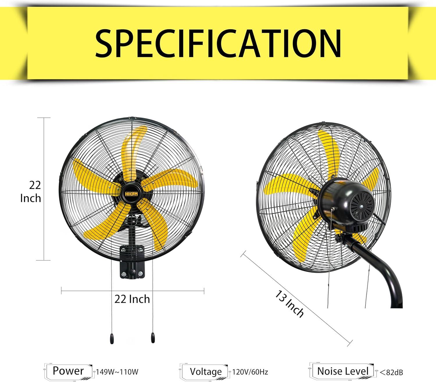 20 in. Oscillating Wall Fan, 4800 CFM High Velocity Industrial Mounted Wall Heavy-Duty Fans in Yellow with 3 Speeds