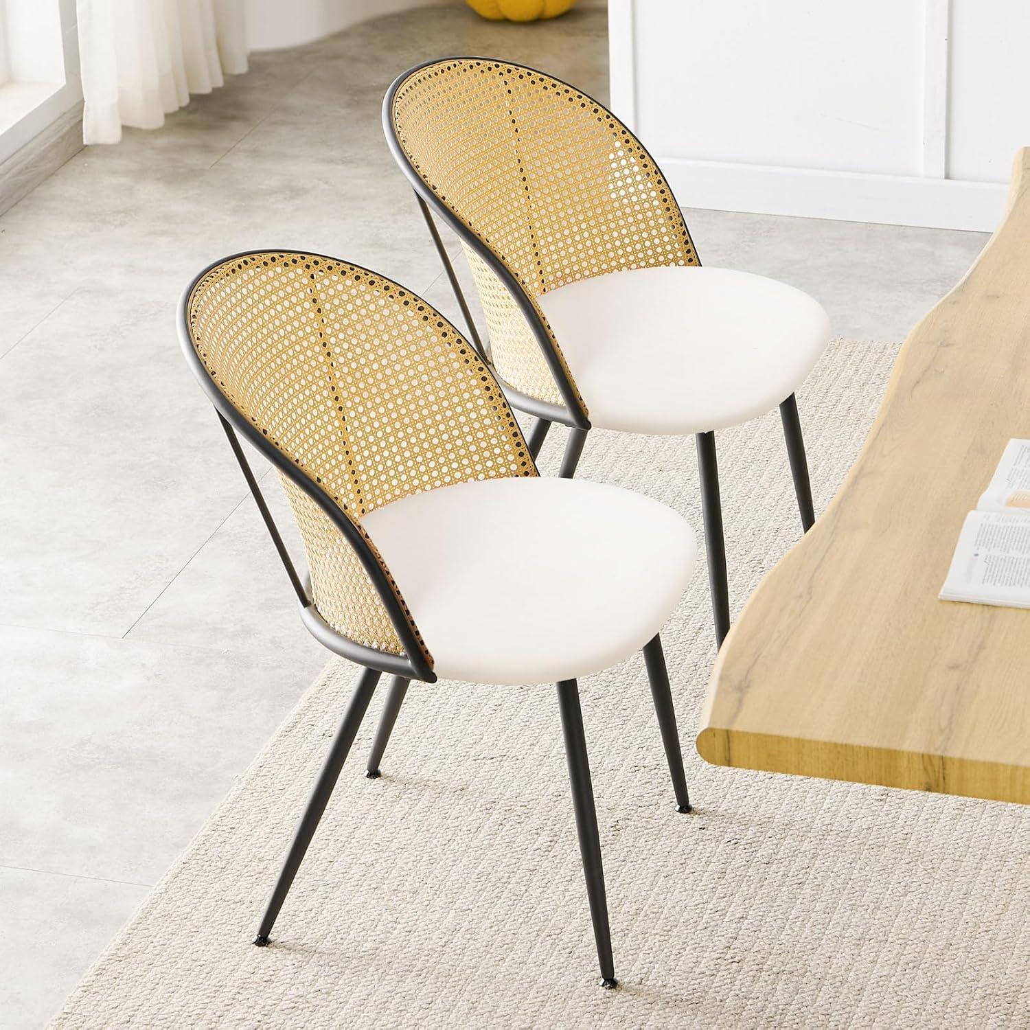 Lucky Monet Modern Upholstered Rattan Dining Chairs Set of 2/4 Set of 2 - PU-White-Natural Back