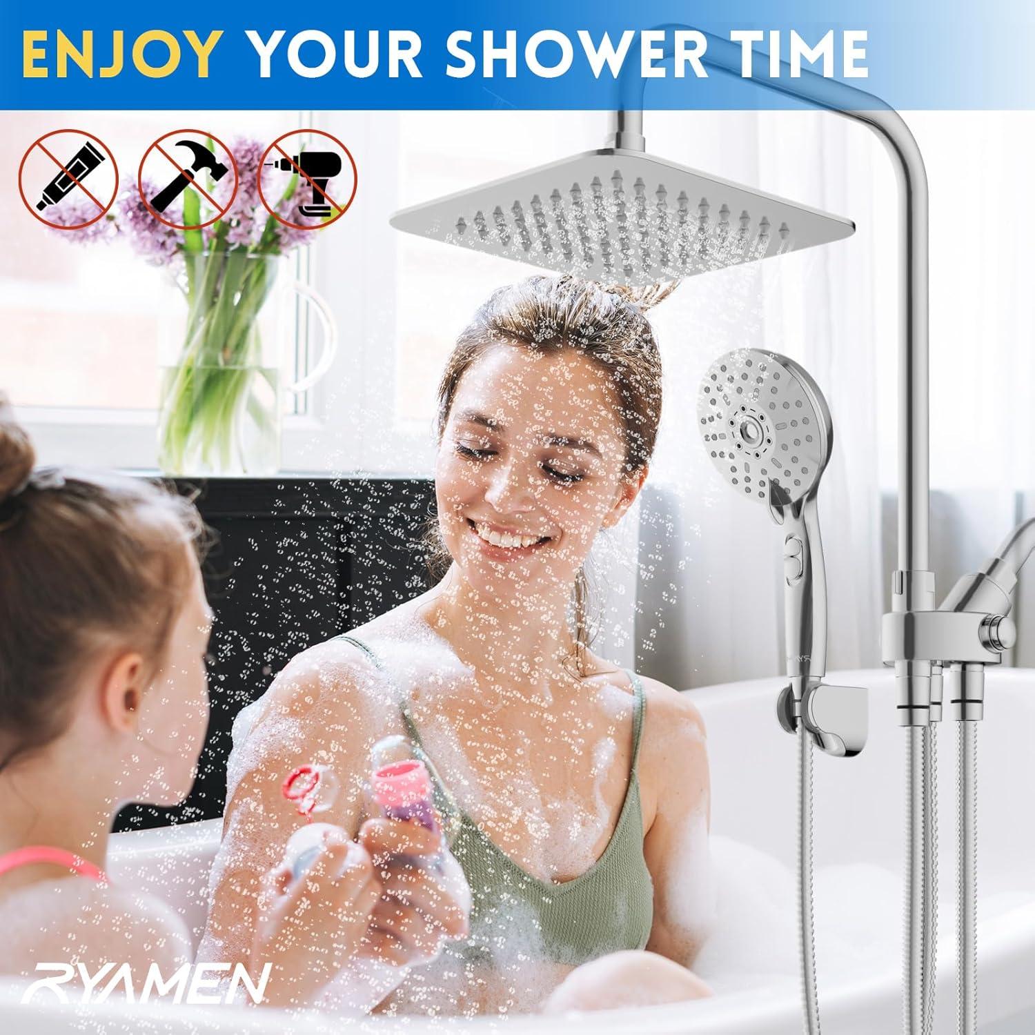 8" Dual Shower Head Combo, Rainfall Shower Head with Handheld, 6 Spray Settings Angle Adjustable Handheld Shower Head with Pause, Height Adjustable, Matte Black