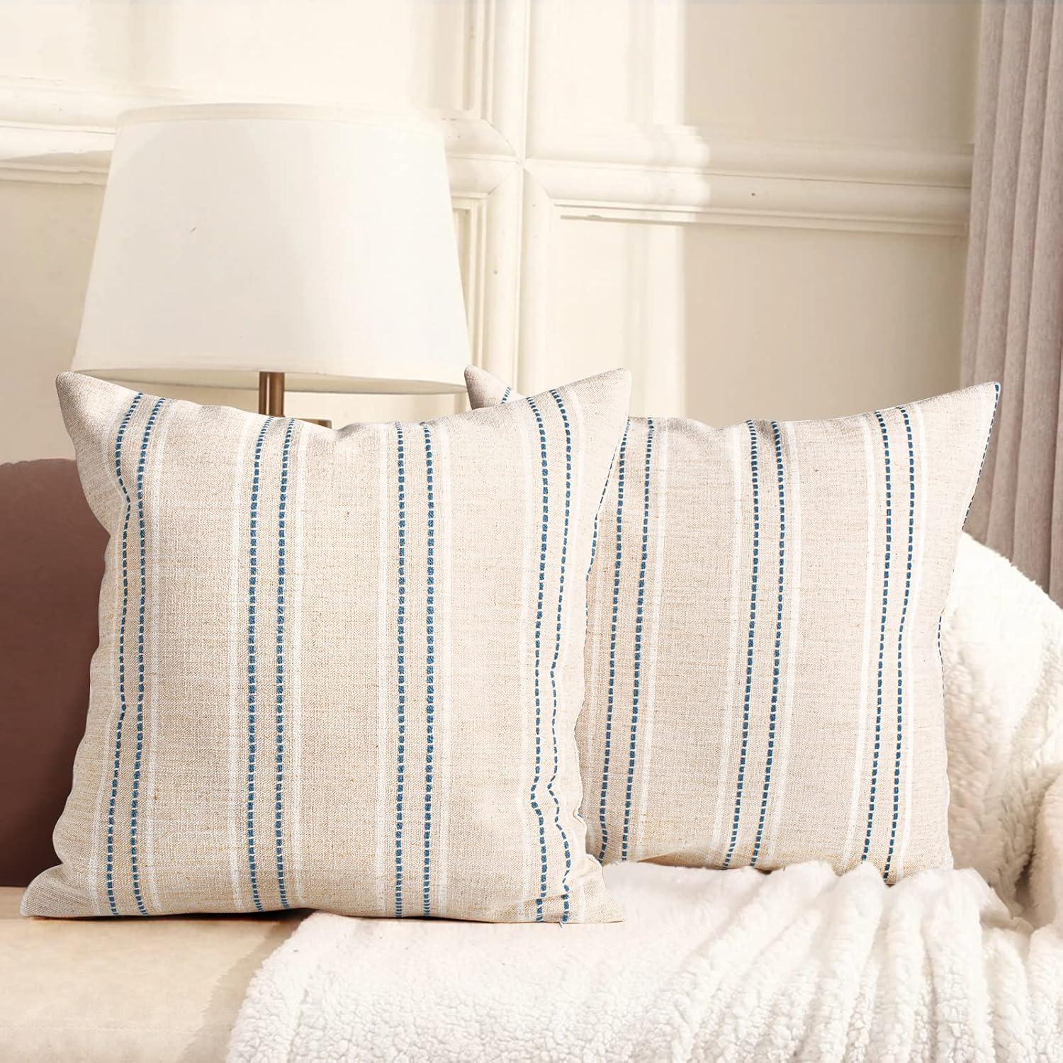 Beige and Navy Blue Farmhouse Stripe 18" Pillow Covers Set