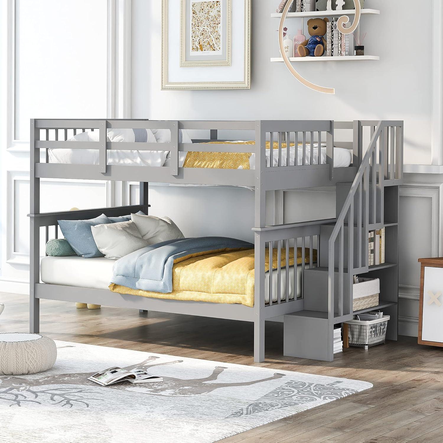 Full Over Full Bunk Beds with Drawers and Stairs Stairway Bunk Bed Frame with Storage Shelves for Kids Teens Adult, Wood Full Bunk Bed for Boys Girls Adults, Gray