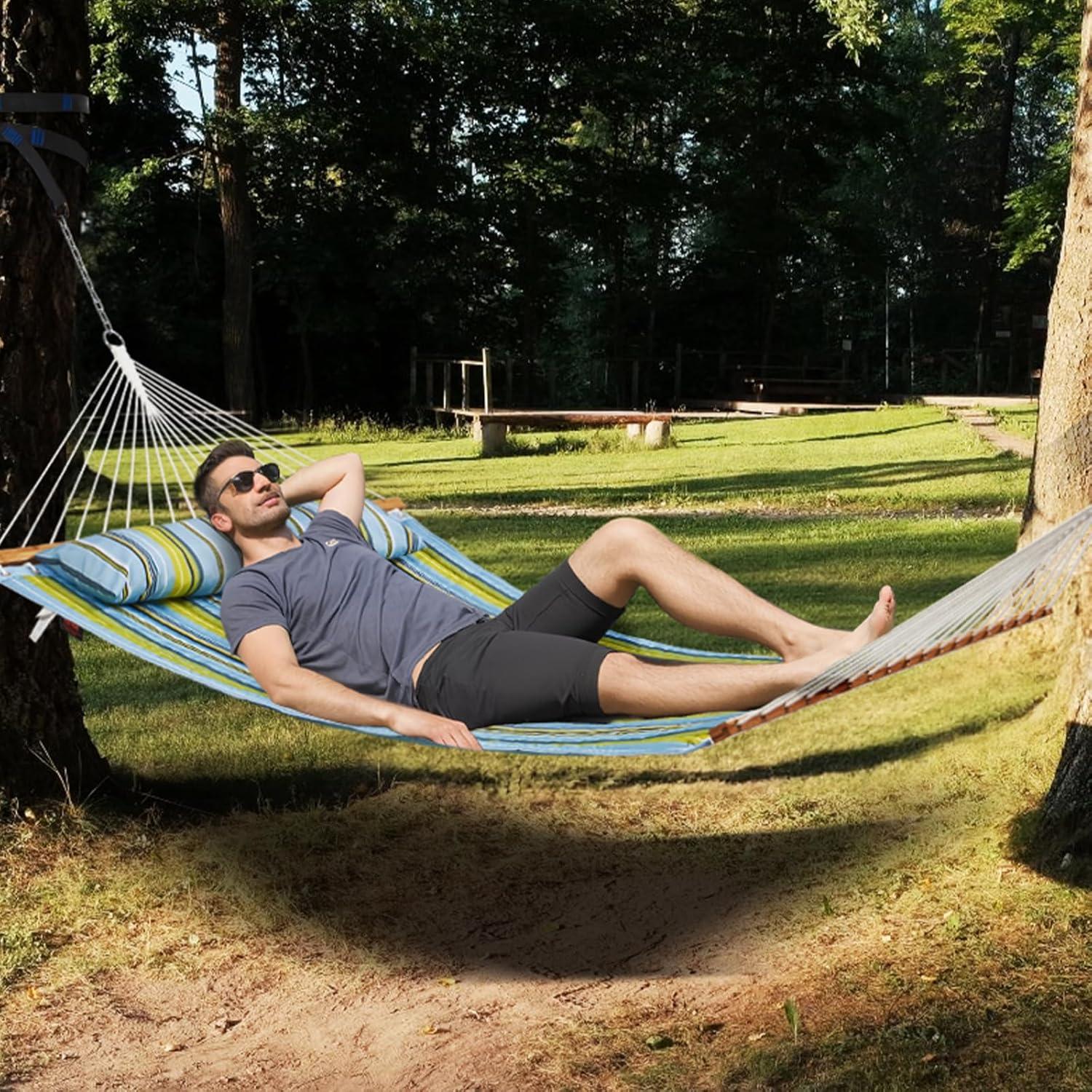 12 FT Blue and Green Quilted Fabric Hammock with Hardwood Spreader Bars