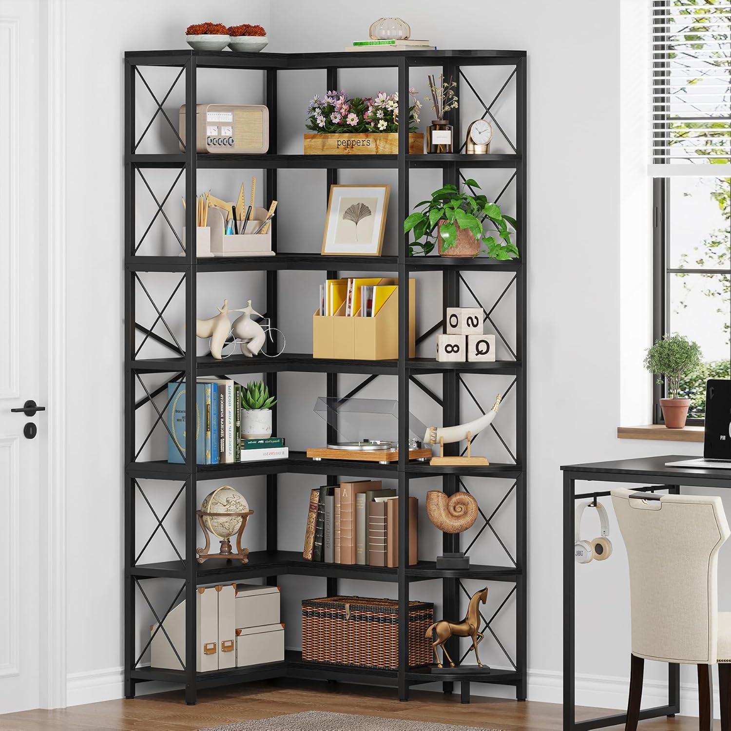 Black 7-Tier Adjustable Corner Bookshelf with Metal Frame