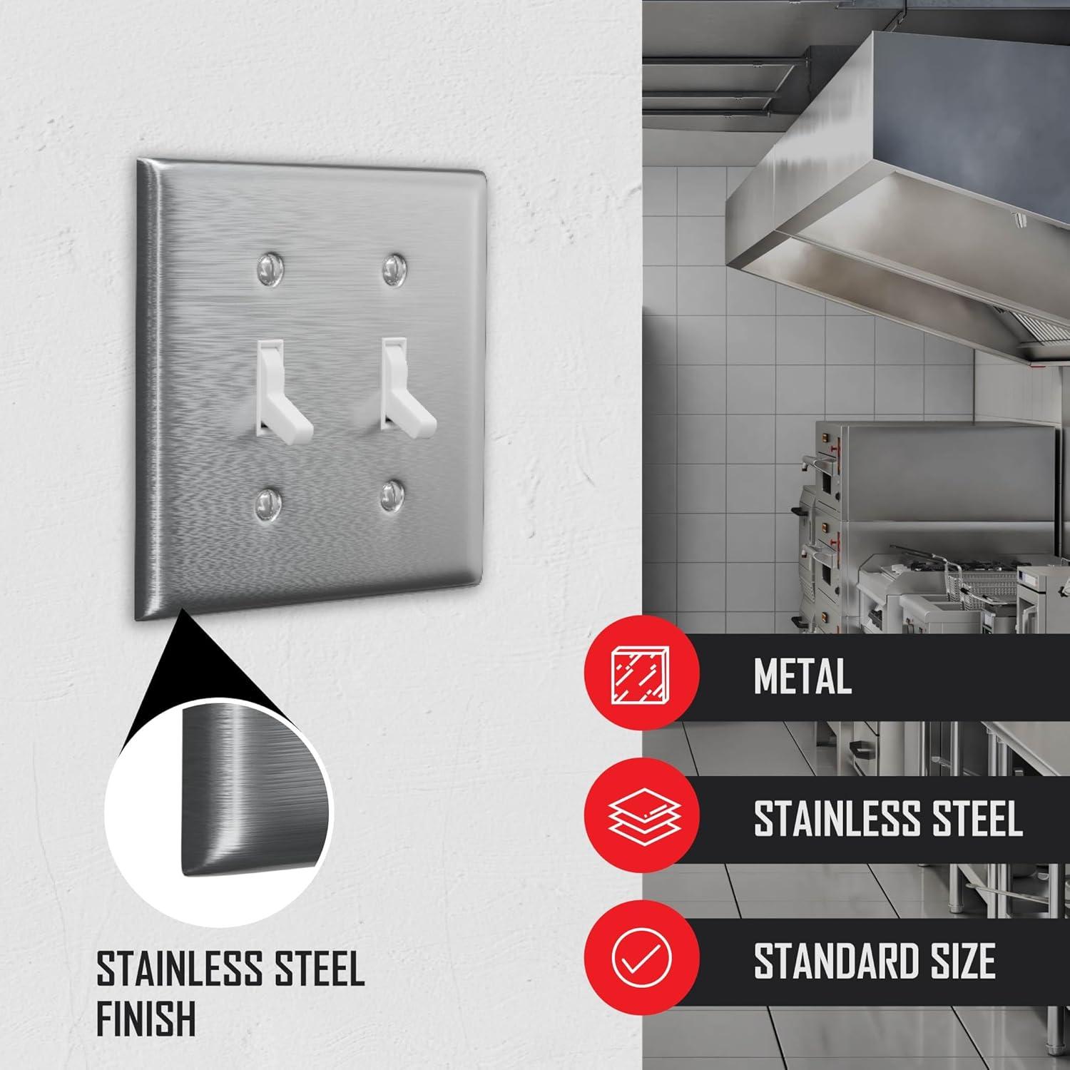 TayMac WSS-TT 2-Gang Stainless Steel Standard 2-Toggle Metal Wall Plate, Outlet Cover Wall Plate with Screws, Light Switch Cover Plate for 2 Devices