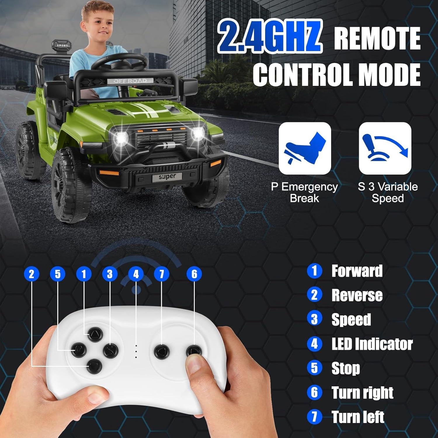 12V Ride On Toys For Kids With Remote Control, 1 Seater Kids Electric Car Jeep,LED Lights, Multi-Speed Transmission, MP3 Player