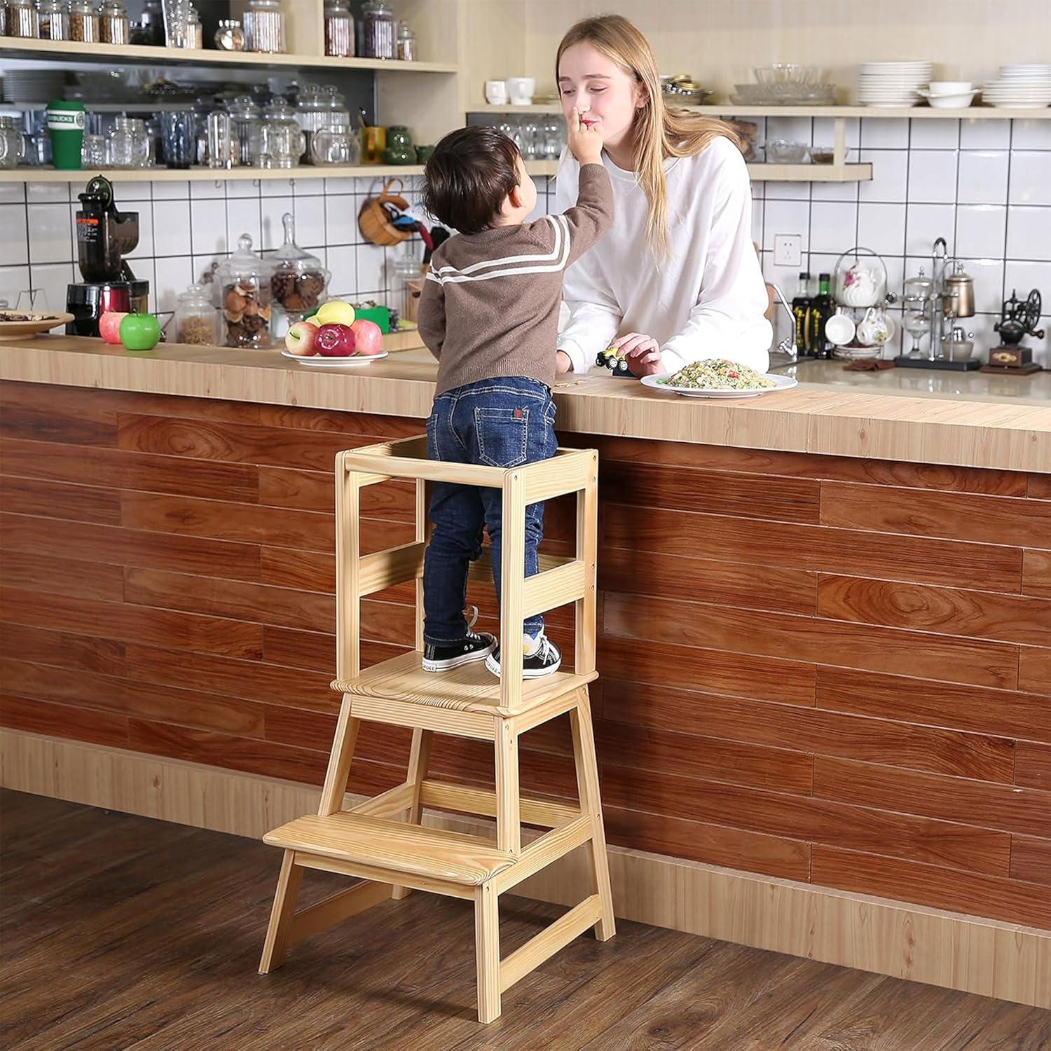 SDADI Kids Kitchen Step Stool Holds up to 150 Pounds with Safety Rail, Wide Platform Design, 4 Anti Slip Strips for 18 to 36 Months Old, Natural