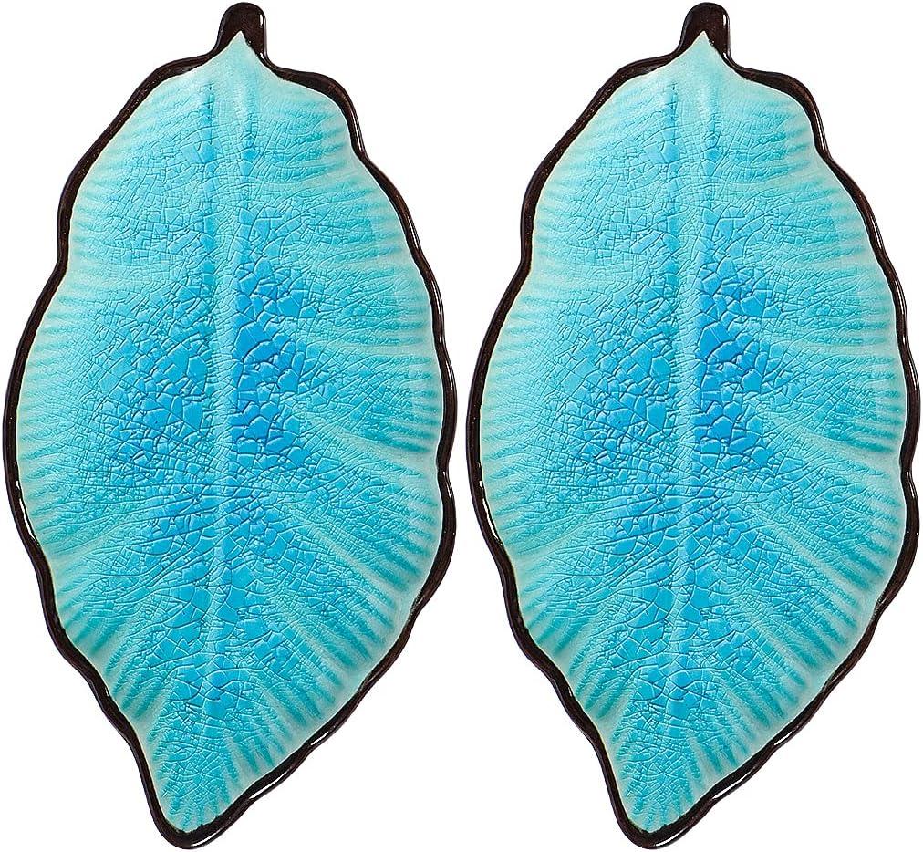 2 Pack Leaf Spoon Rest, Ceramic Ladle Holder, Modern Farmhouse Decorative Utensil Rester for Stove Top, Kitchen Counter, Dining Table, Coffee Station (Teal)