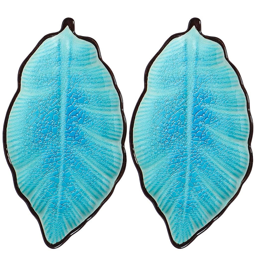 2 Pack Leaf Spoon Rest, Ceramic Ladle Holder, Modern Farmhouse Decorative Utensil Rester for Stove Top, Kitchen Counter, Dining Table, Coffee Station (Teal)