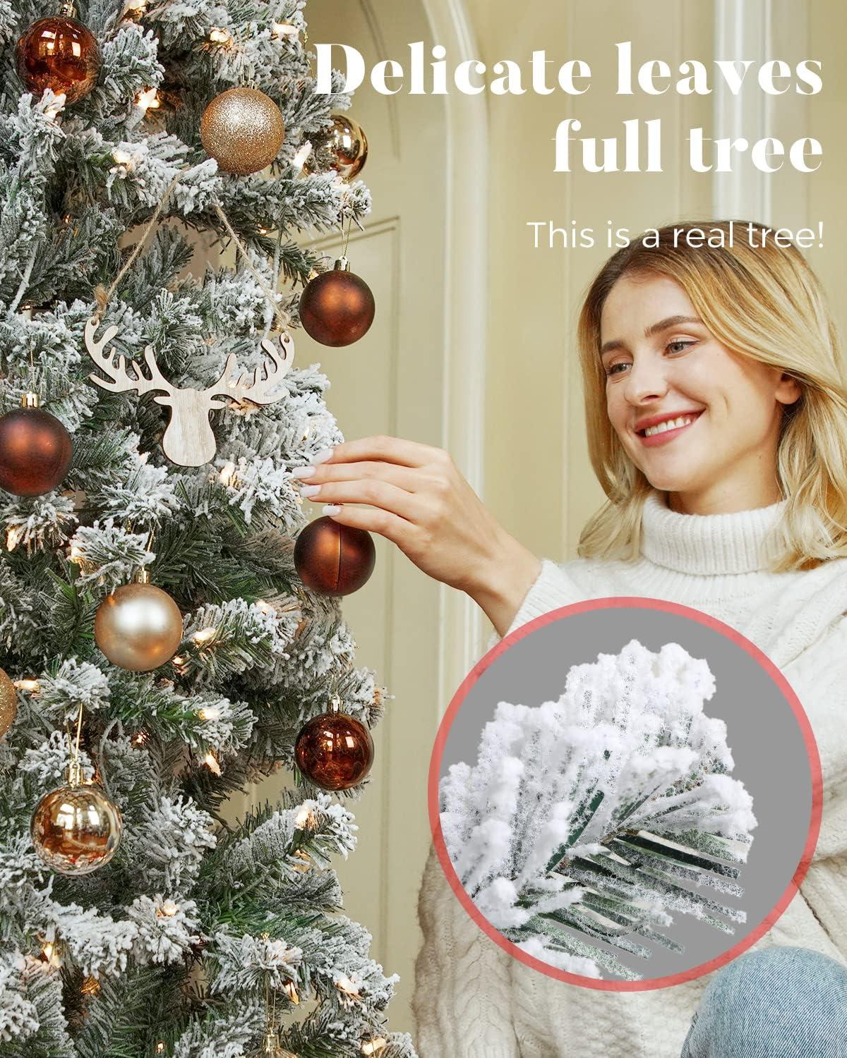 OasisCraft Un-lit 6.5Ft Snow Flocked Artificial Pencil Christmas Tree, Hinged Snowy Slim Xmas Tree Outdoor for Festive Holiday Decoration Metal Stand