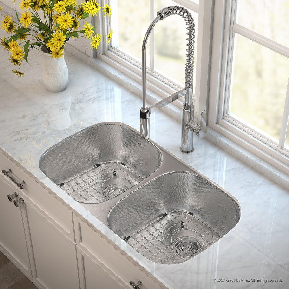 KRAUS Outlast MicroShield™ Scratch-Resist Stainless Steel Undermount 50/50 Double Bowl Sink, 32" L 16 Gauge