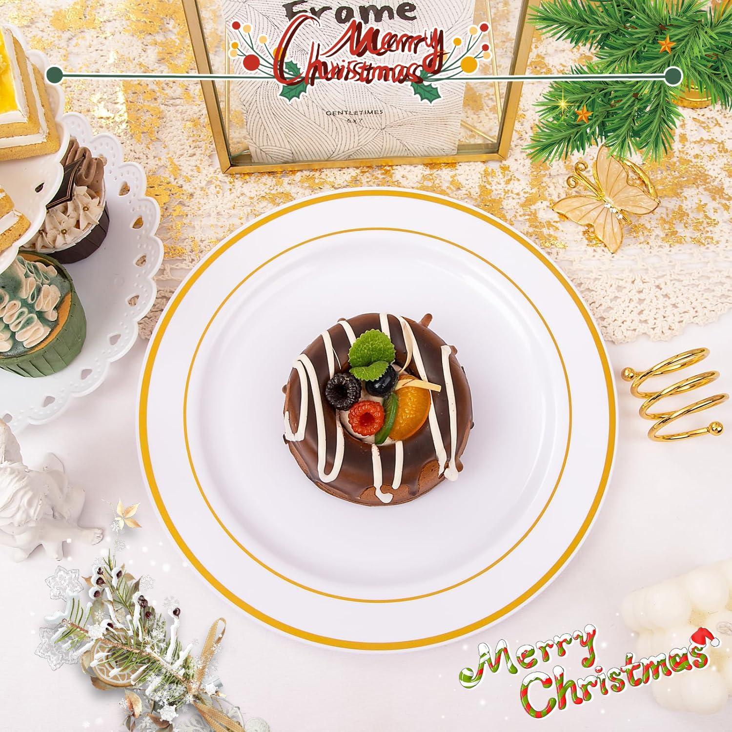 I00000 60pcs Plastic Gold Plates,10.25 inch Gold Rimmed Dinner Plates, White Disposable Plates, Parties or Wedding