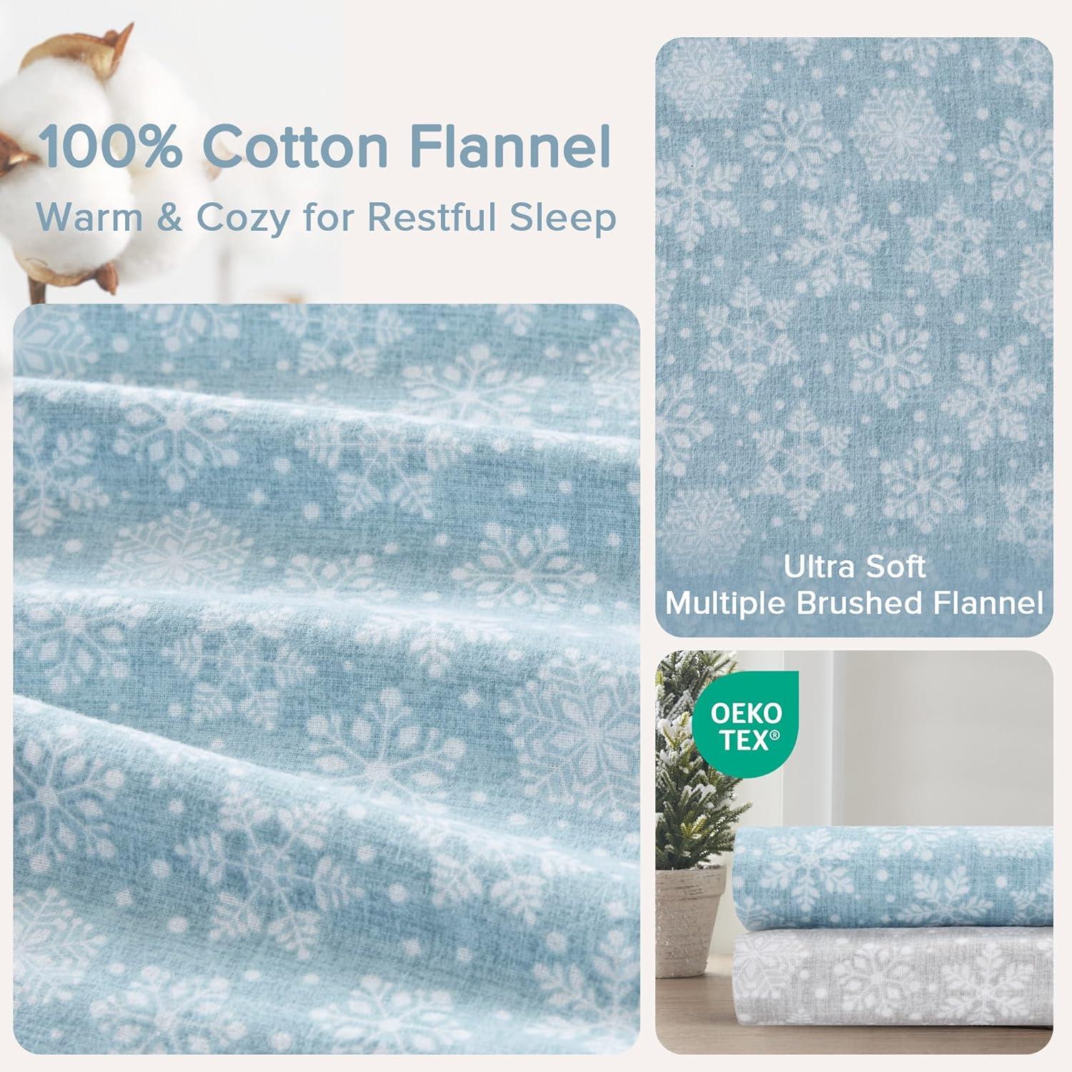 Comfort Spaces Twin Sheet Set, Flannel Bed Sheets Twin, 100% Cotton Bed Sheets Set with Deep Pocket, 3-Piece Snowflakes Blue