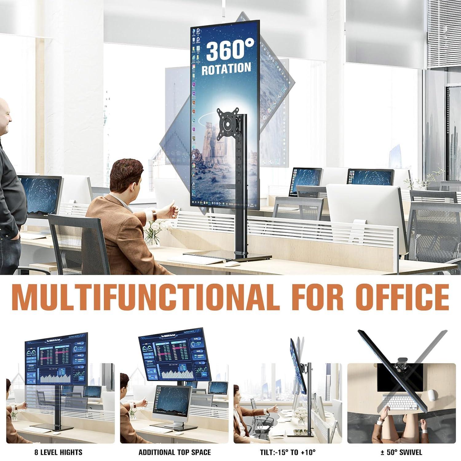 Single Monitor Stand Freestanding 27-43 Inch Monitor Arm Curved Screen Monitor Mount Tempered Glass Base Adjustable Motion Tilt -15° to 10° Swivel ±45° Rotation 360° Weight Capacity 77lbs HT05B-003