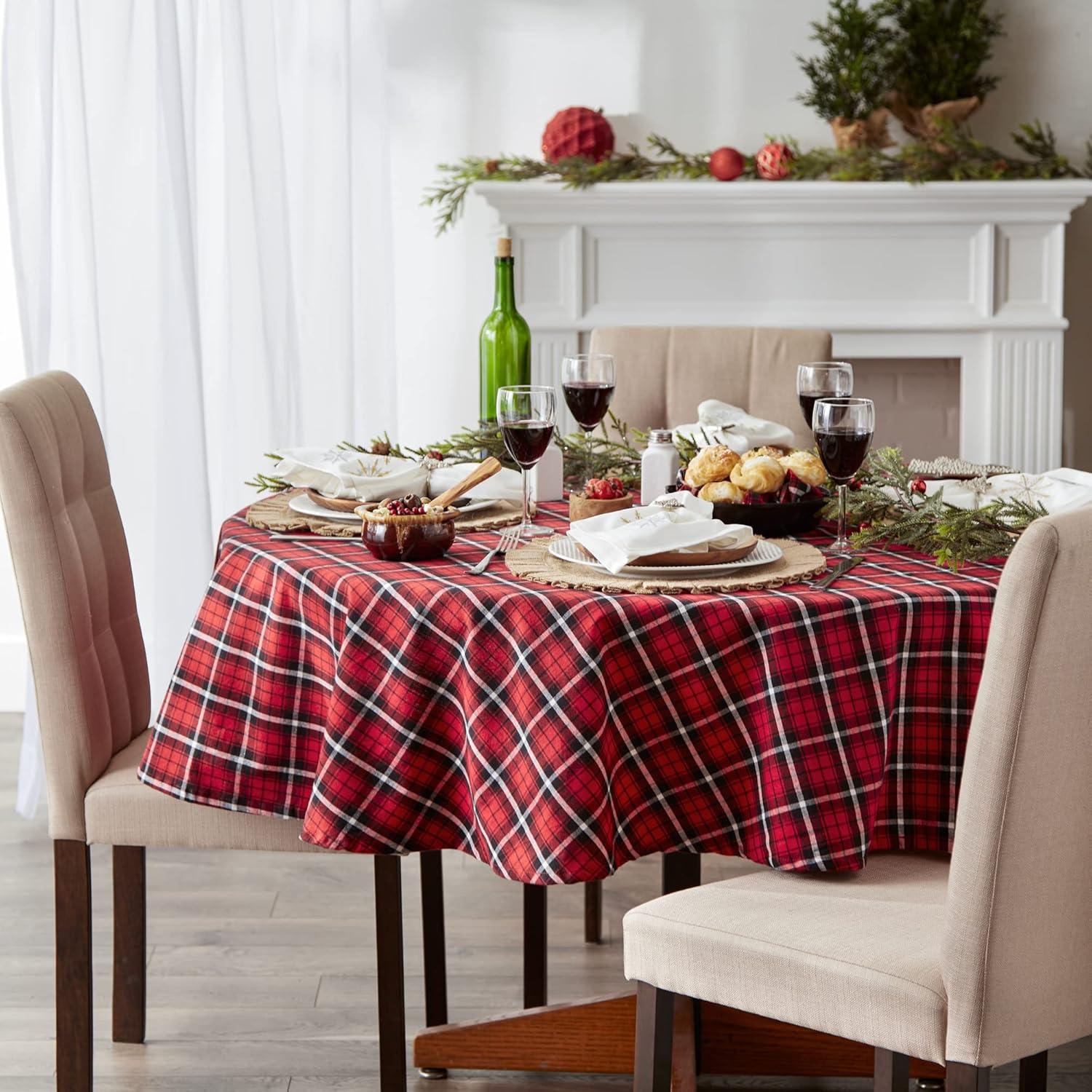 Red Plaid Cotton Round Winter Tablecloth, 70"