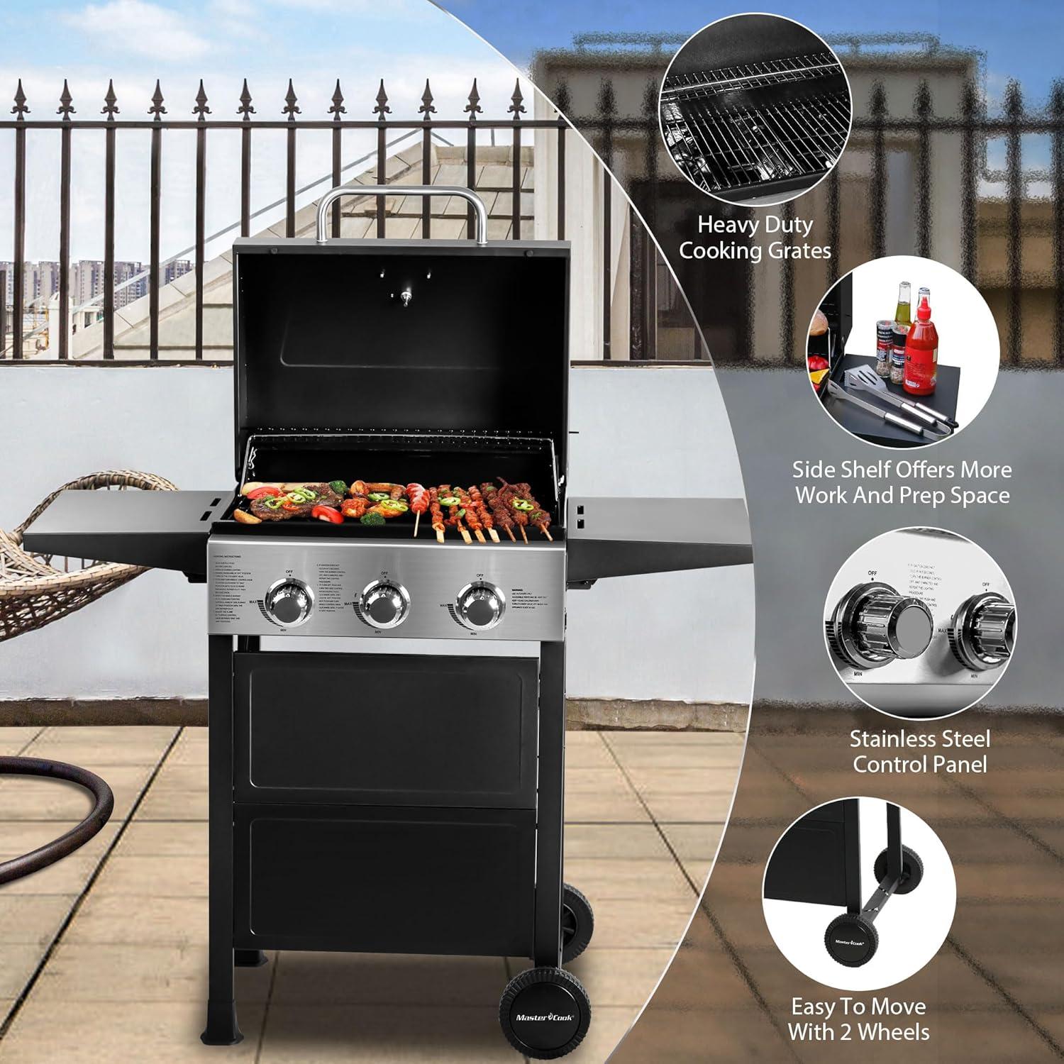 MASTER COOK Propane Gas Grill, 3 Burners Stainless Steel Grill with Foldable Shelves, Black