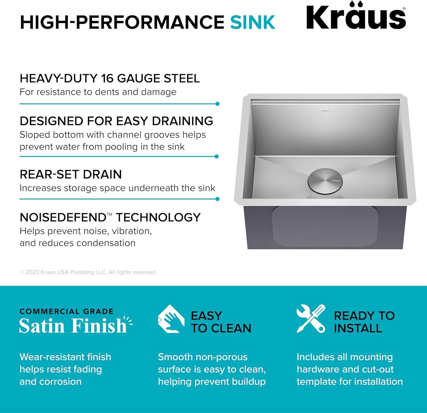 KRAUS Kore™ 21" L Undermount Workstation 16 Gauge Stainless Steel Single Bowl Kitchen Sink with Accessories