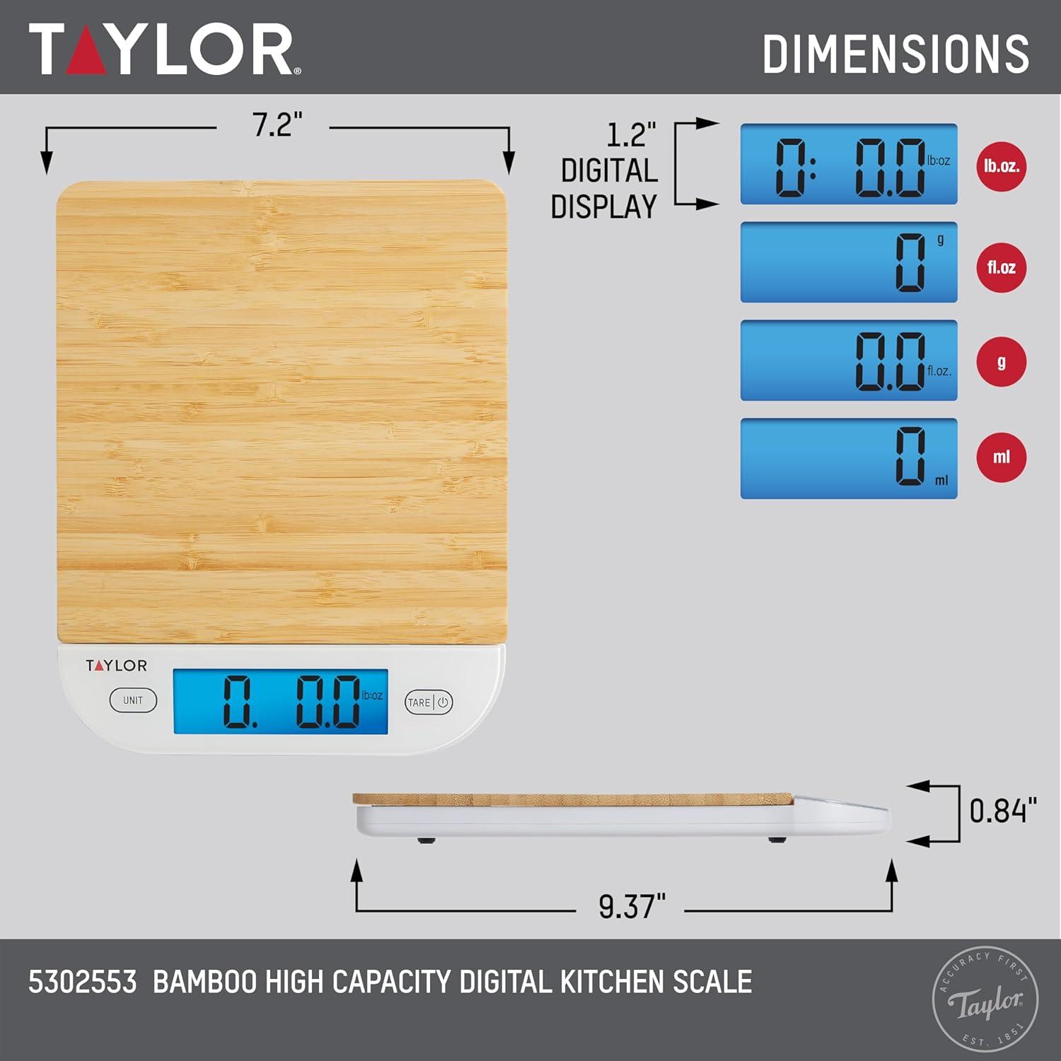 Taylor Digital Bamboo Kitchen Scale with Blue Backlight Display