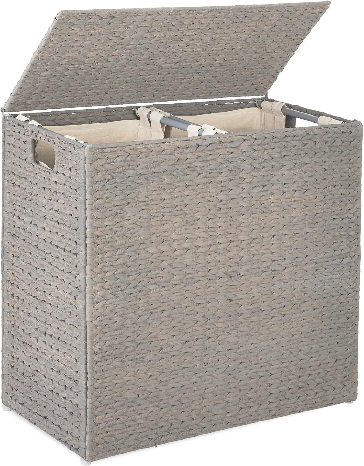 Best Choice Products Large Natural Water Hyacinth Double Laundry Hamper Basket w/ 2 Liner Bags, Handles - Gray