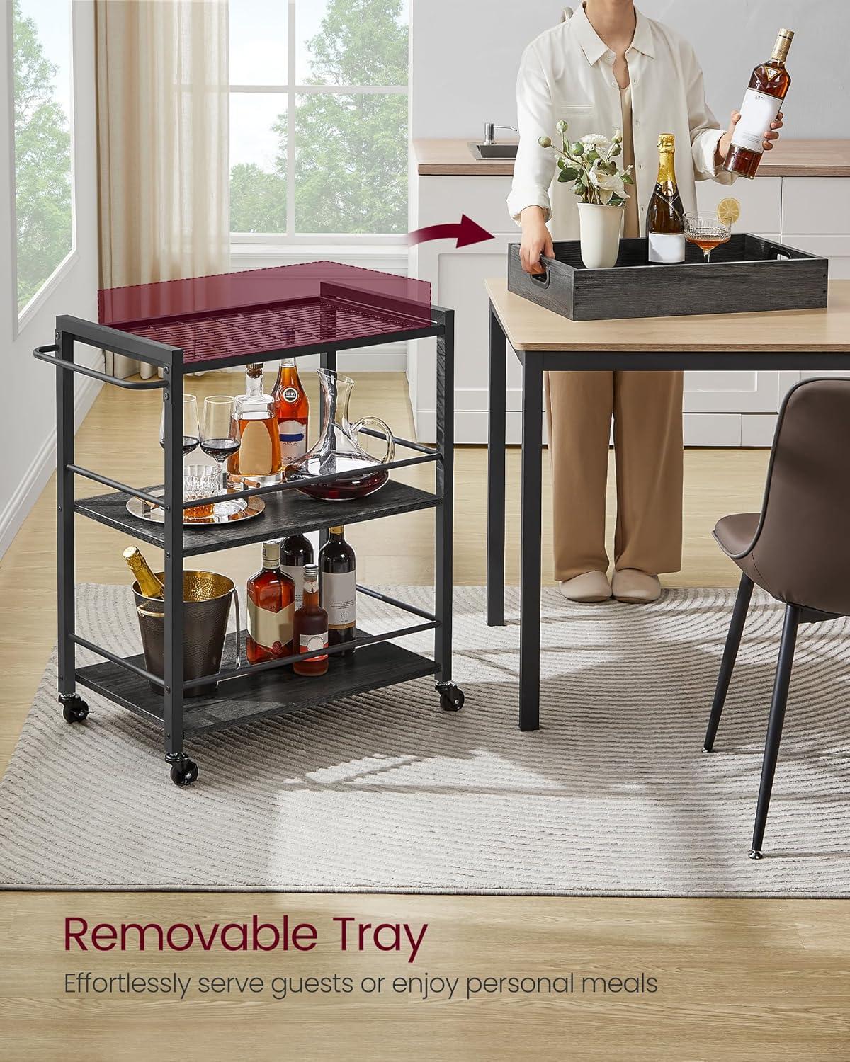 Charcoal Gray and Black 3-Tier Industrial Bar Cart with Storage