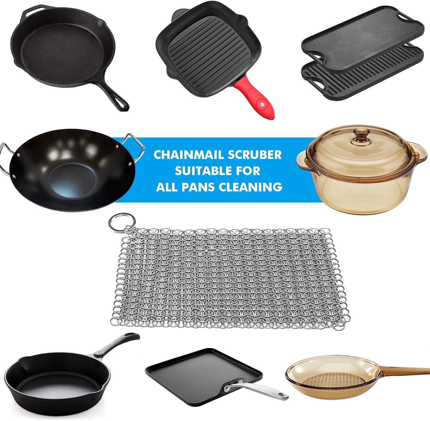 Cast Iron Scrubber 316 Stainless Steel Skillet Cleaner 8"x6" Chainmail Scrubber Scraper Chain Mail Link Scrub for Cast Iron Pre-Seasoned Pans, Griddles, BBQ Grills, and Pot Cookware Cleaning