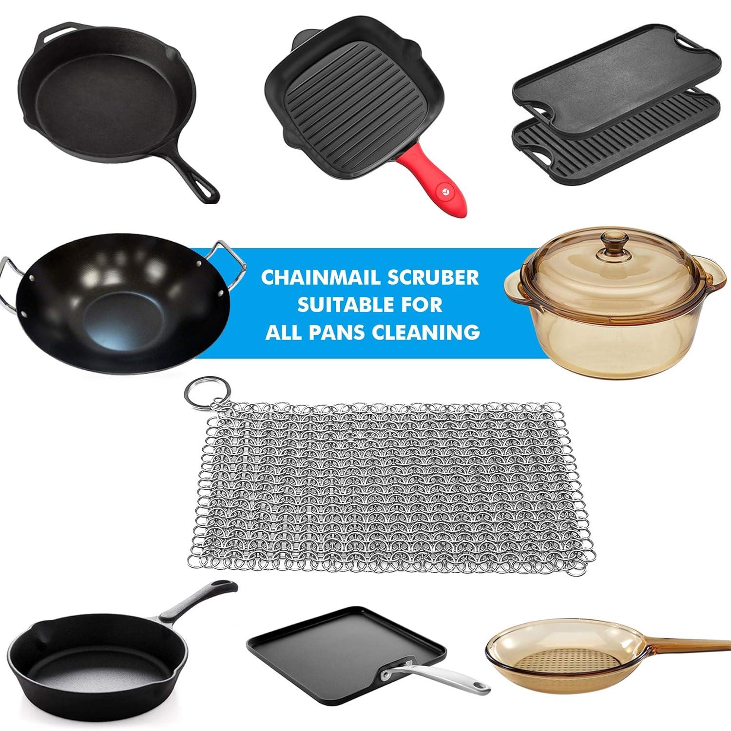 Cast Iron Scrubber 316 Stainless Steel Skillet Cleaner 8"x6" Chainmail Scrubber Scraper Chain Mail Link Scrub for Cast Iron Pre-Seasoned Pans, Griddles, BBQ Grills, and Pot Cookware Cleaning