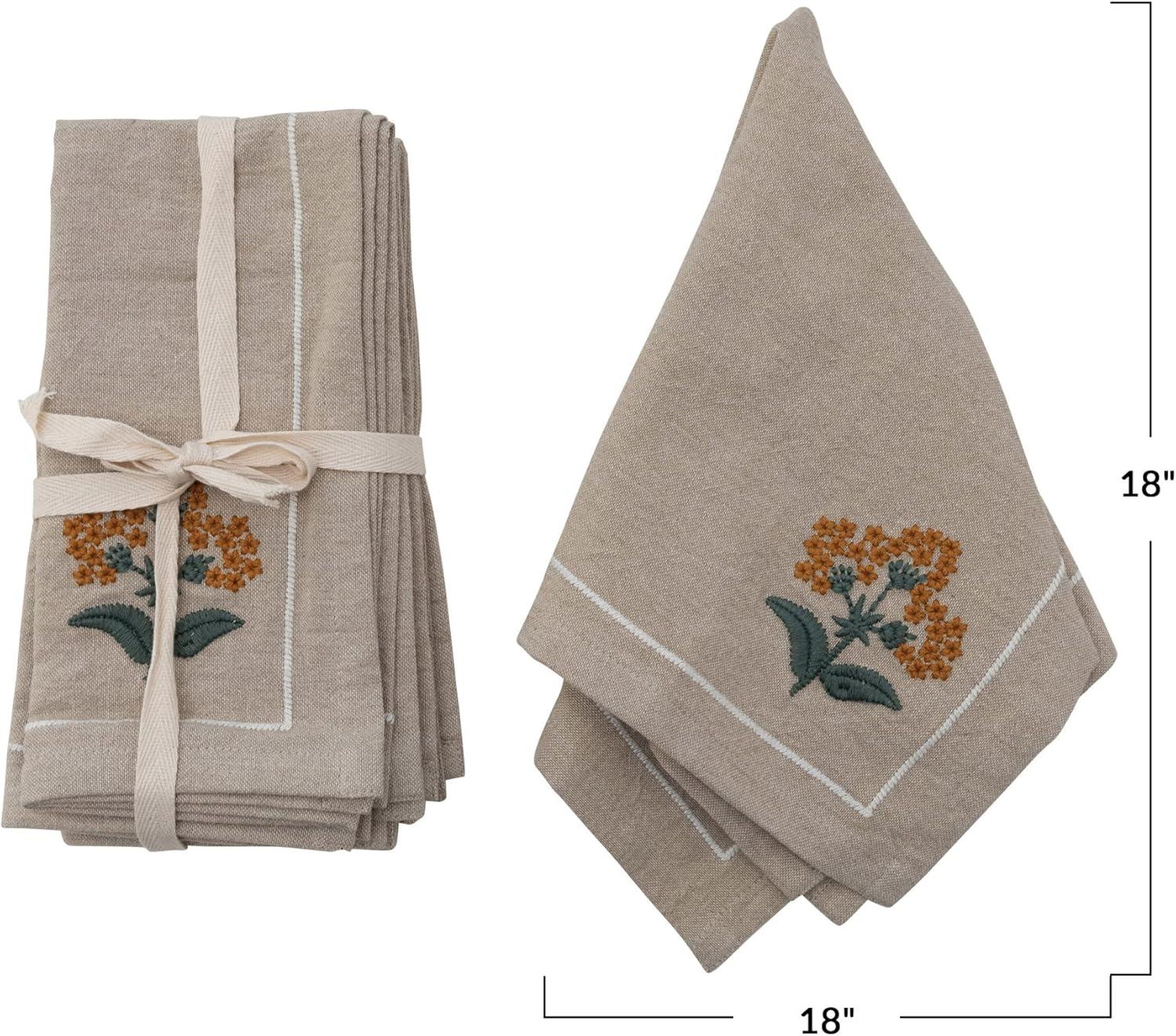 Oatmeal Cotton Napkins with Floral Embroidery, 18"x18"