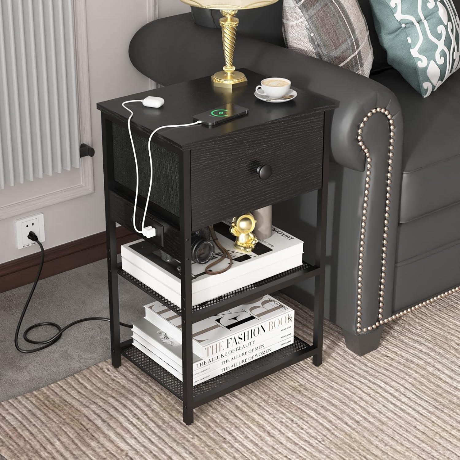 Night Stand, Black Nightstand Set of 2, Small End Tables Living Room with Charging Station, Slim Bed Side Table with Fabric Storage Drawer for Bedroom, Small Space,