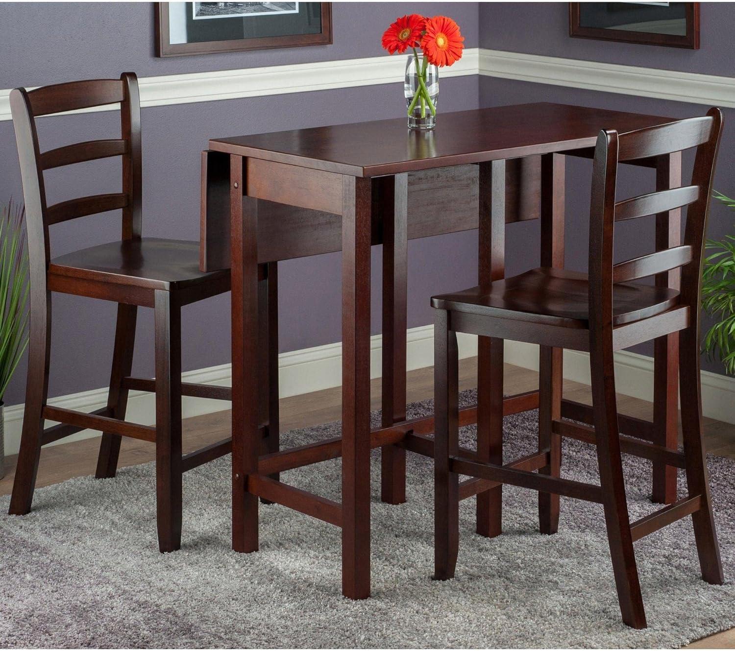 Maykoosh Mediterranean Mingle 3Pc Drop Leaf High Table with 2 Counter Ladder Back Stools - 39.37"W x 30"D x 35.43"H, Space-Saving Rustic Design