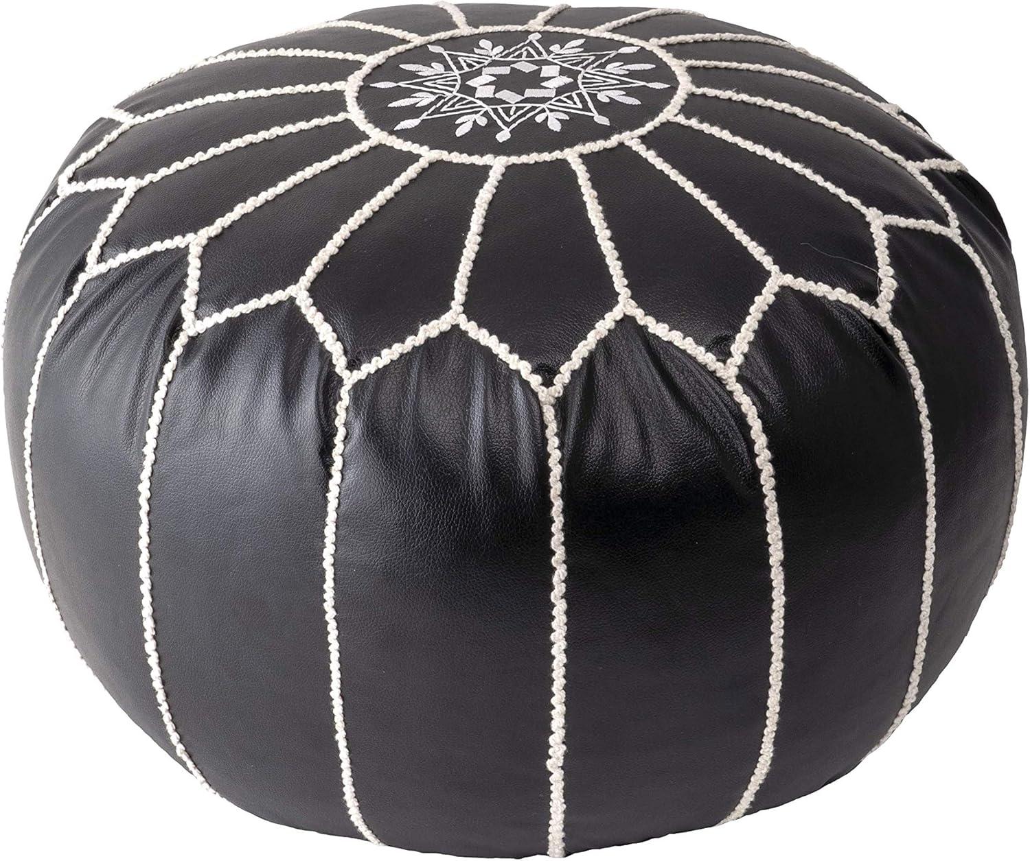 Classic Moroccan Round Faux Leather Pouf Ottoman - Black